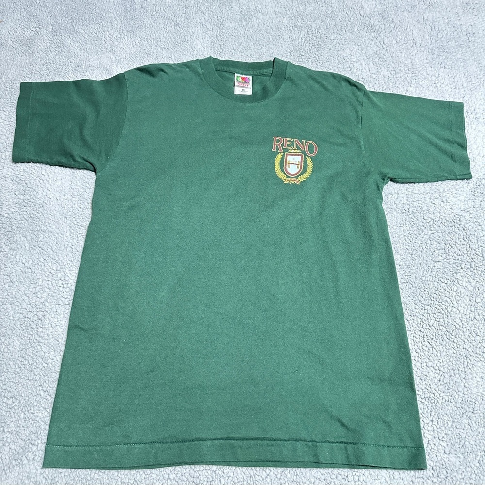 Vintage Reno Crest Graphic Tee Green Fruit of the Loom USA Size L Cotton Shirt